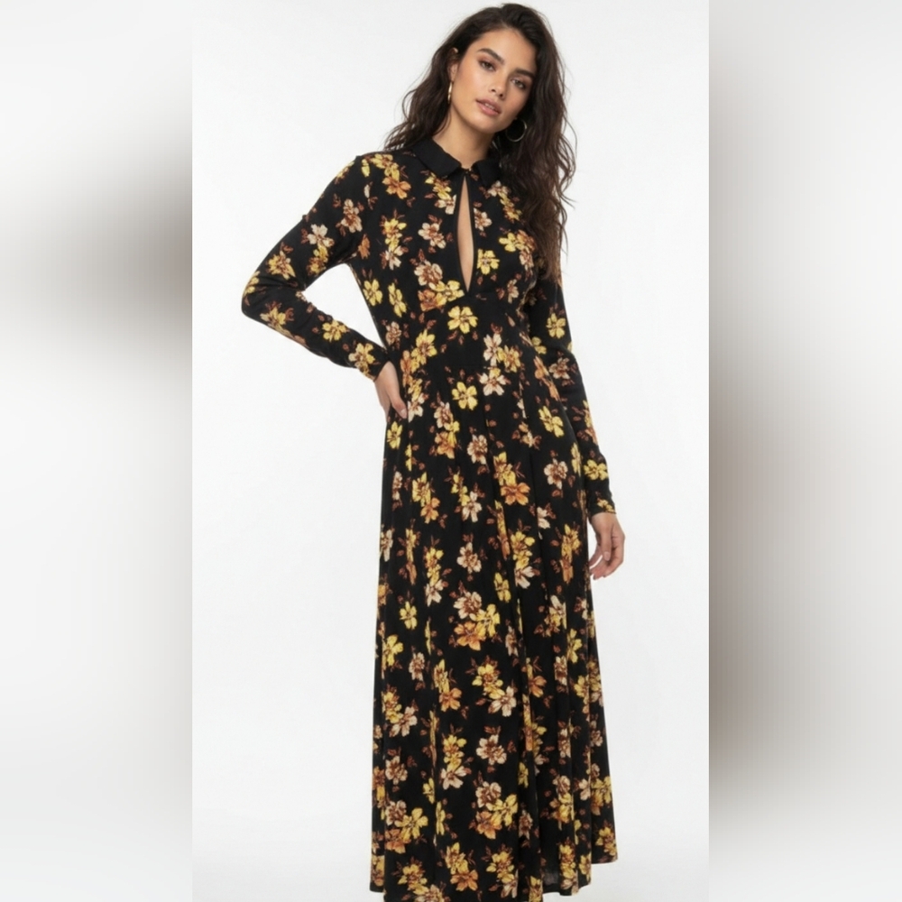 Topshop Dress Maxi Black Yellow Retro Goth Boho Floral Grunge 12